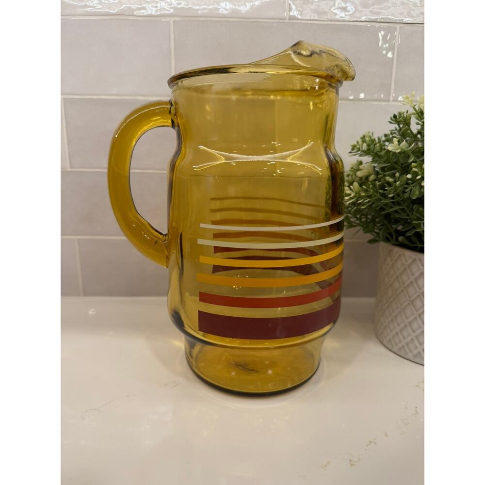 VTG MCM Anchor Hocking Amber Pitcher w Stripes‎